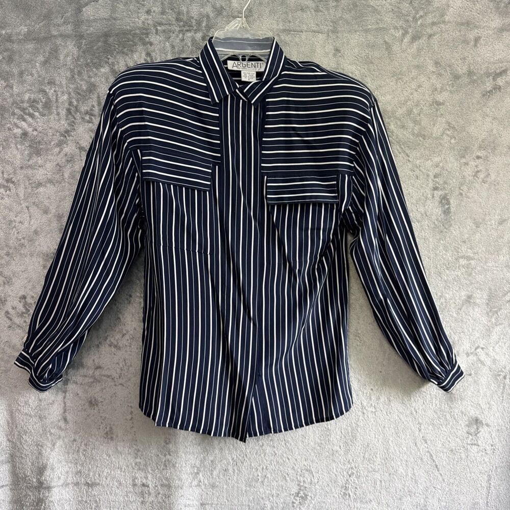 Argenti blouse Silk sz 4 navy blue white shoulder pads long sleeve